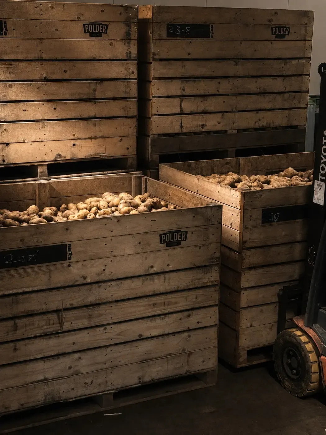 Houten kisten met Agria-aardappels