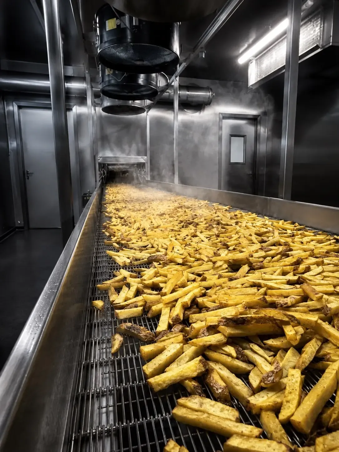 Verse frites op de transportband onder stoom